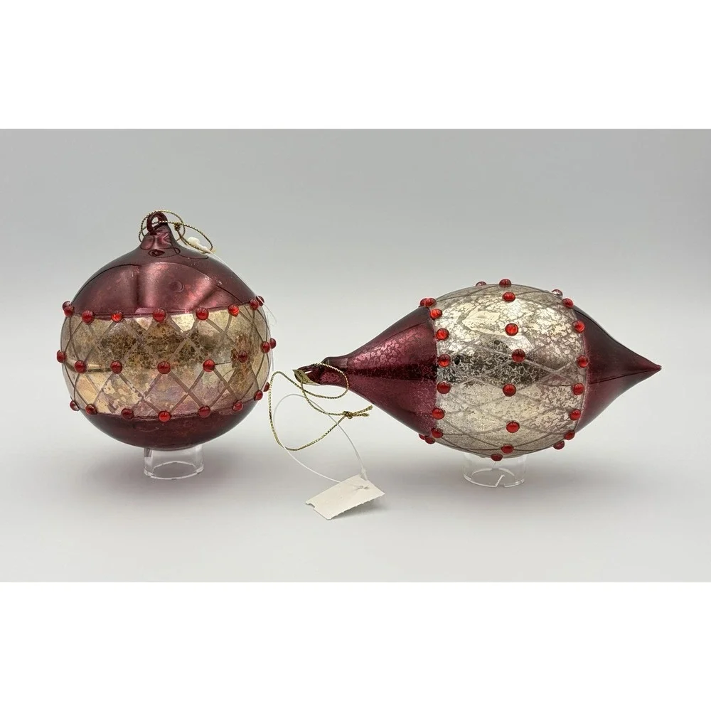 Dillards Trimmings Vintage Mercury Glass Christmas Ornaments Set 2 Burgundy Gold